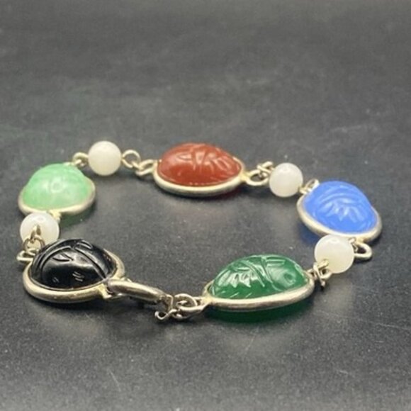 Vintage Egyptian Revival Multi Color Glass Scarab Bracelet Gold Tone 1940s-50s - Picture 8 of 10